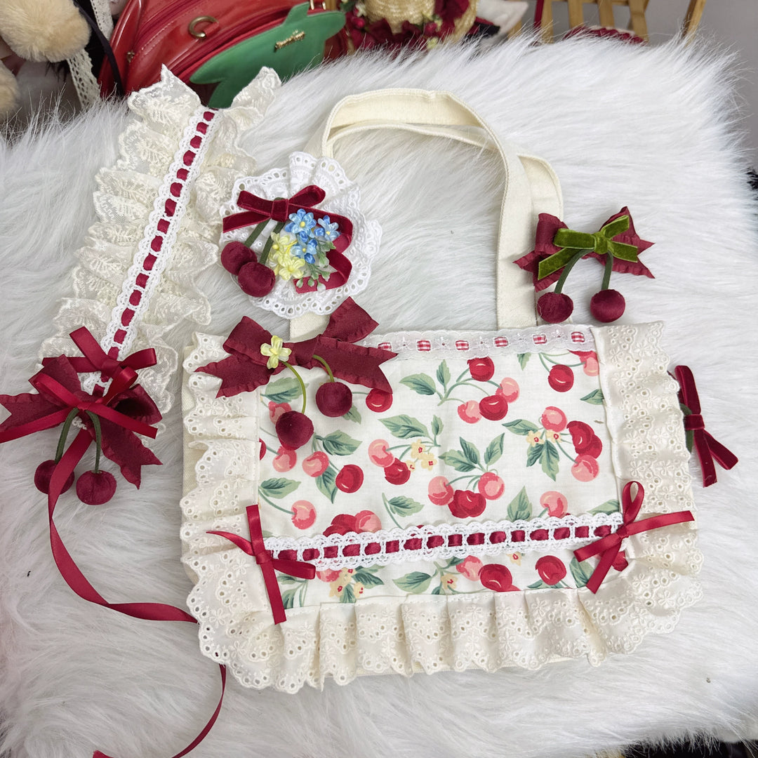 Chestnut Lolita~Sweet Lolita Headdress Cherry Hair Clip Straw Hat Necklace Handmade Set cherry print canvas bag  