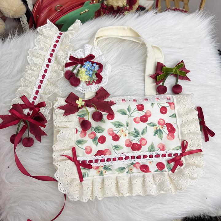 Chestnut Lolita~Sweet Lolita Headdress Cherry Hair Clip Straw Hat Necklace Handmade Set   