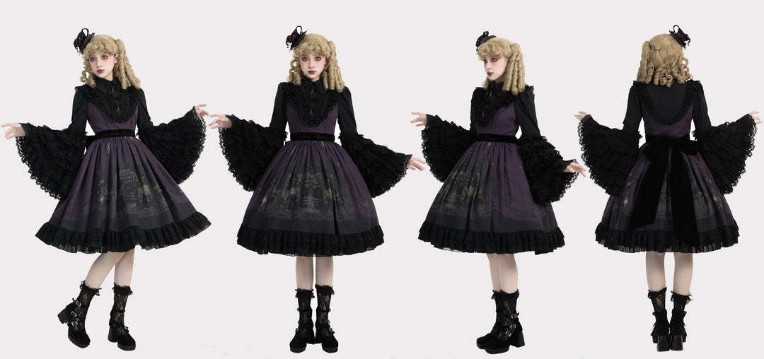 Dark Circle Clinic~Barbara Manor Night~Gothic Lolita JSK Pleated Floral Print Lolita Dress   