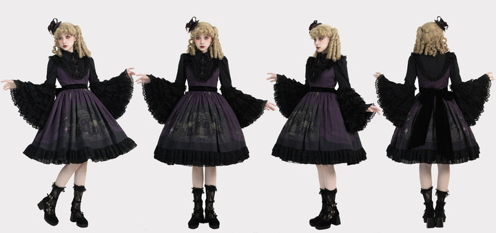 Dark Circle Clinic~Barbara Manor Night~Gothic Lolita JSK Pleated Floral Print Lolita Dress   