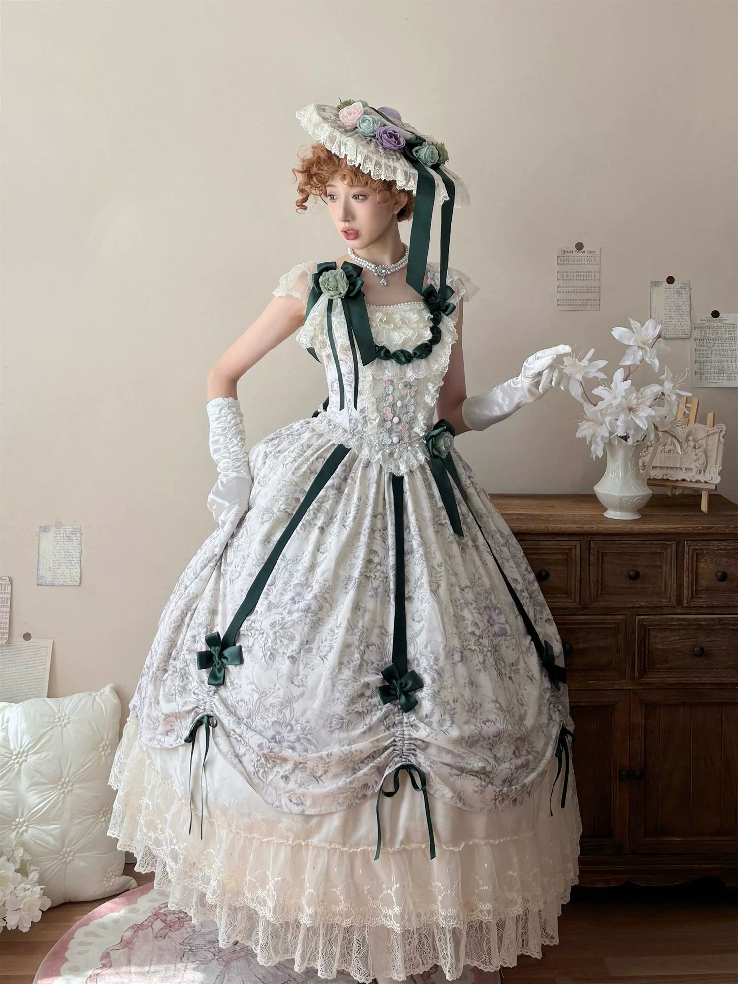 Dolota Flower Wall - Classic Lolita Floral OP Dress, Open Shoulder 44485:811087