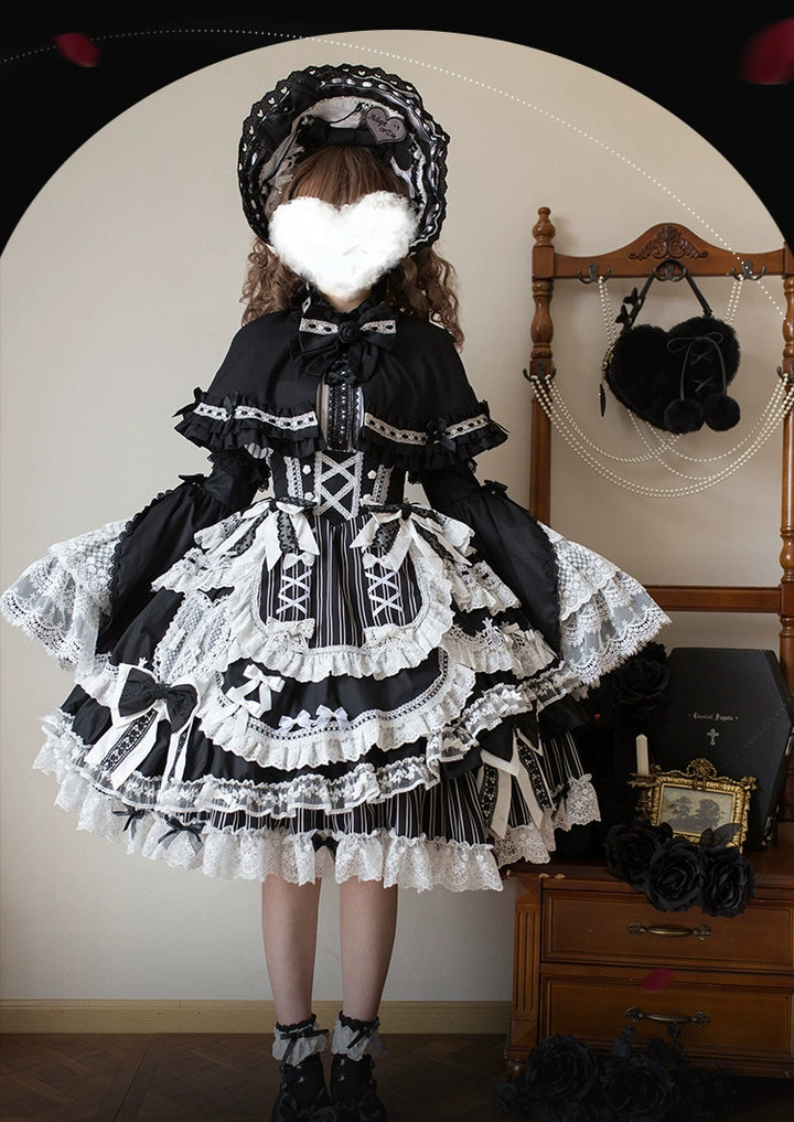 Lost Aqua~Vintage Lolita Dress Set Cotton Shirt XS Black and white striped FS (with black-white badge)