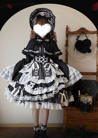 Lost Aqua~Vintage Lolita Dress Set Cotton Shirt XS Black and white striped FS (with black-white badge) 