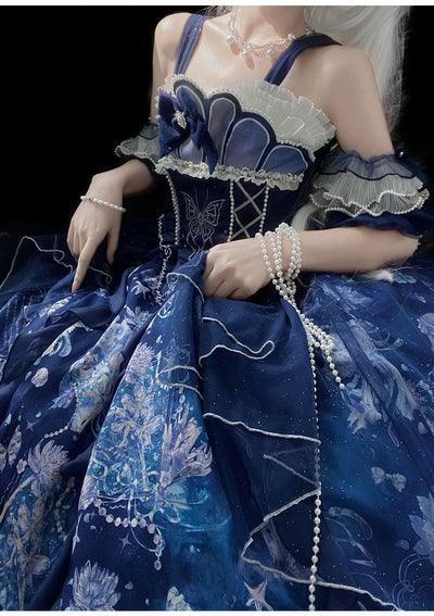 YingLuoFu~Original Elegant Lolita Blue Lolita JSK cuffs+necklace S 