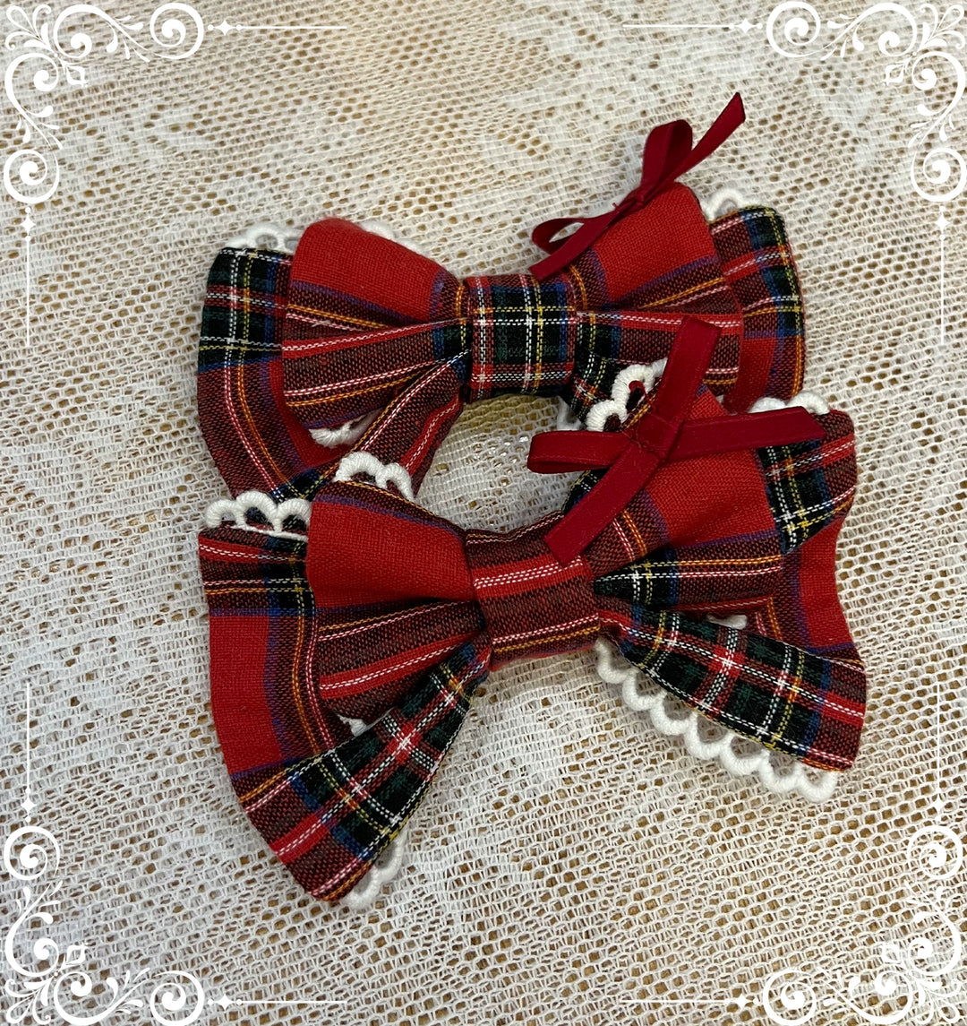 (BFM)Little Bear~Laura's Doll~Sweet Lolita Bloomer Bonnet Headband Hair Clip Red Plaid Hair Clips (a pair) Free size 