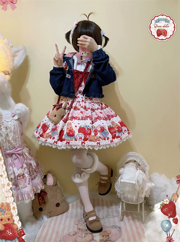 To Alice~Spring Strawberry Bunny~Kawaii Lolita Salopette Dress Hooded Coat and Blouse