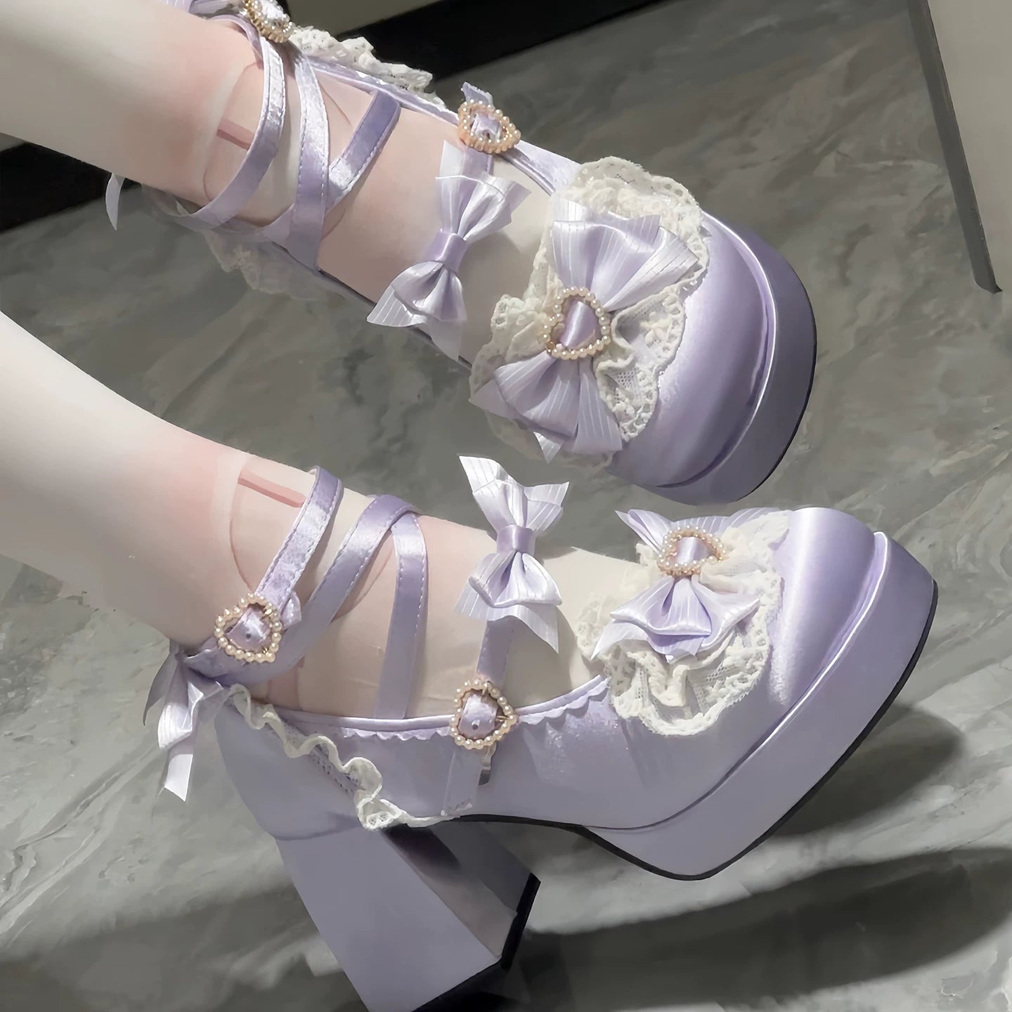 Romance of Hearts - Sweet Lolita Chunky Heeled Shoes, Pearl Heart Accents (Purple / 34 35 36 37 38 39 40 41) 45692:859288