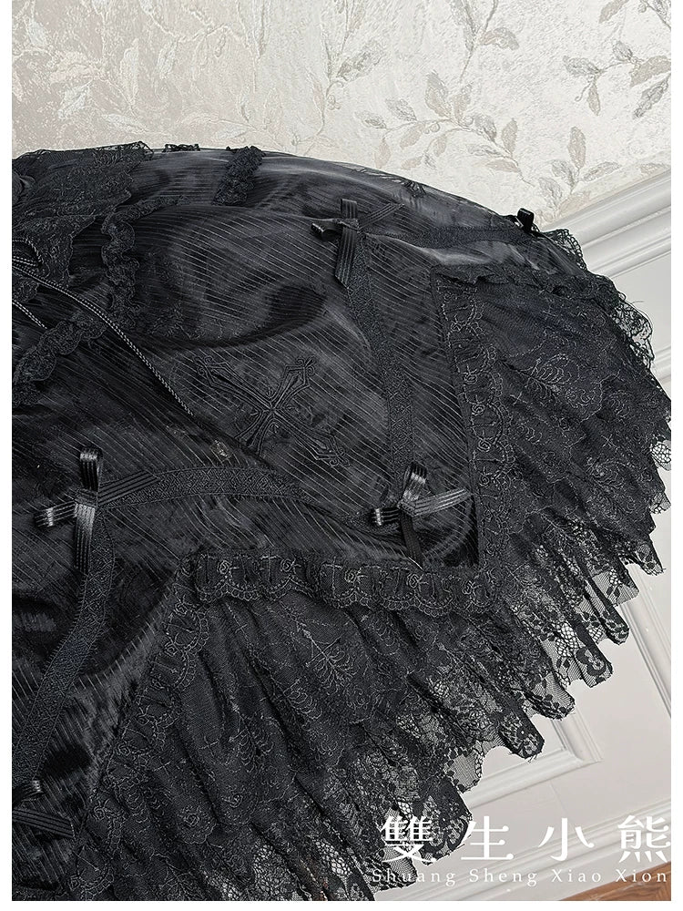 Dark Fog Feast - Gothic Lolita Bust-support Strap Dress, Lace & Cross 45256:842498