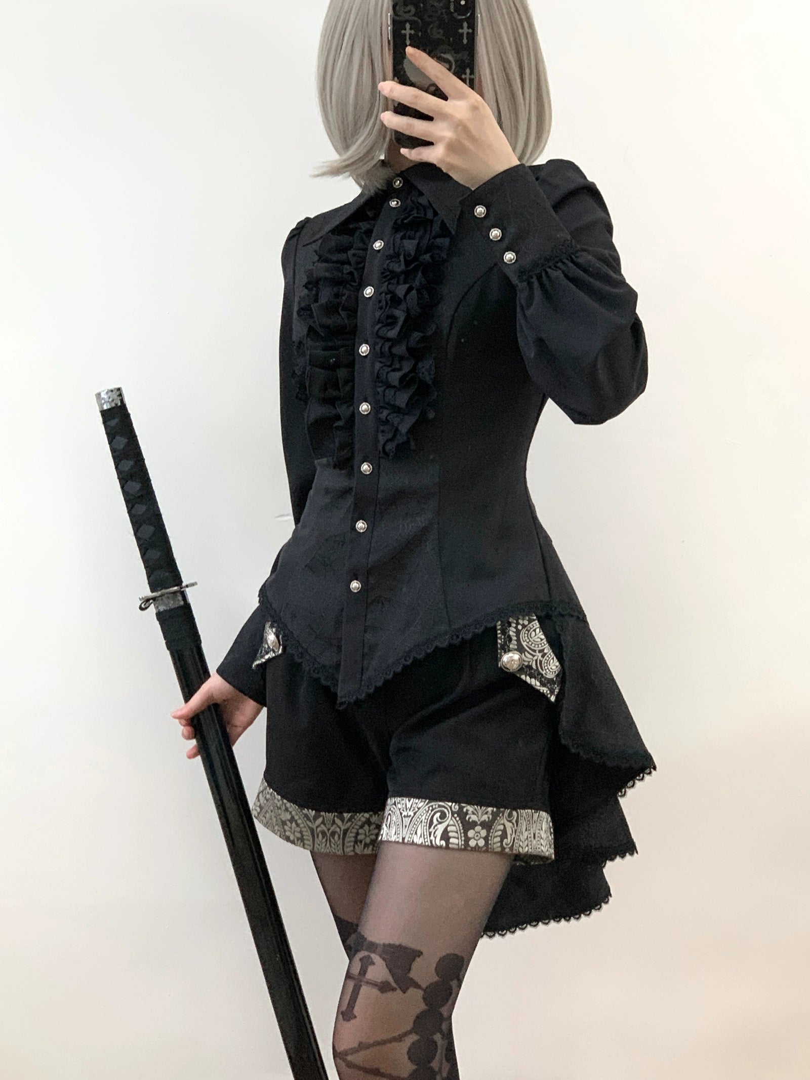Little Dipper - Cold Rice - Ouji Lolita Shirt With Spiderweb Pattern in Several Versions Short Sleeves - Black - Long Version M