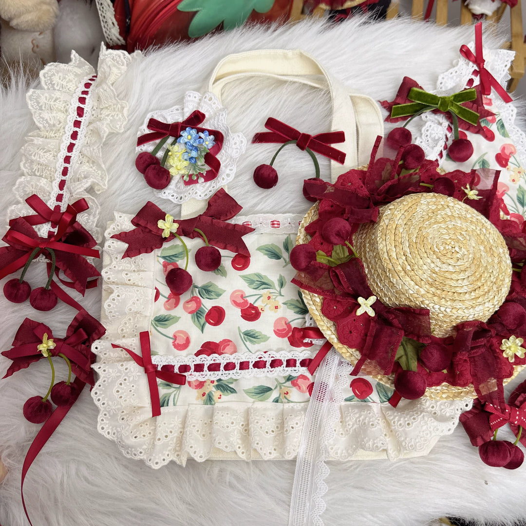 Chestnut Lolita~Sweet Lolita Headdress Cherry Hair Clip Straw Hat Necklace Handmade Set 36098:523212
