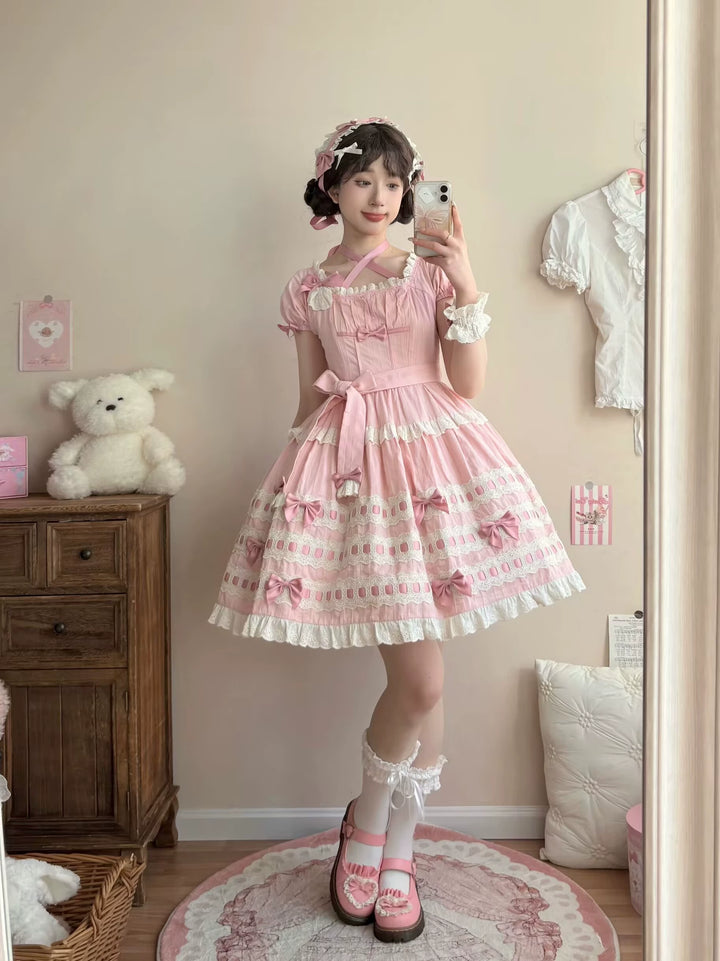 Uncle Wall Original~Cream Piping Artist~Cotton Sweet Lolita OP Halter-neck Dress With Accessory