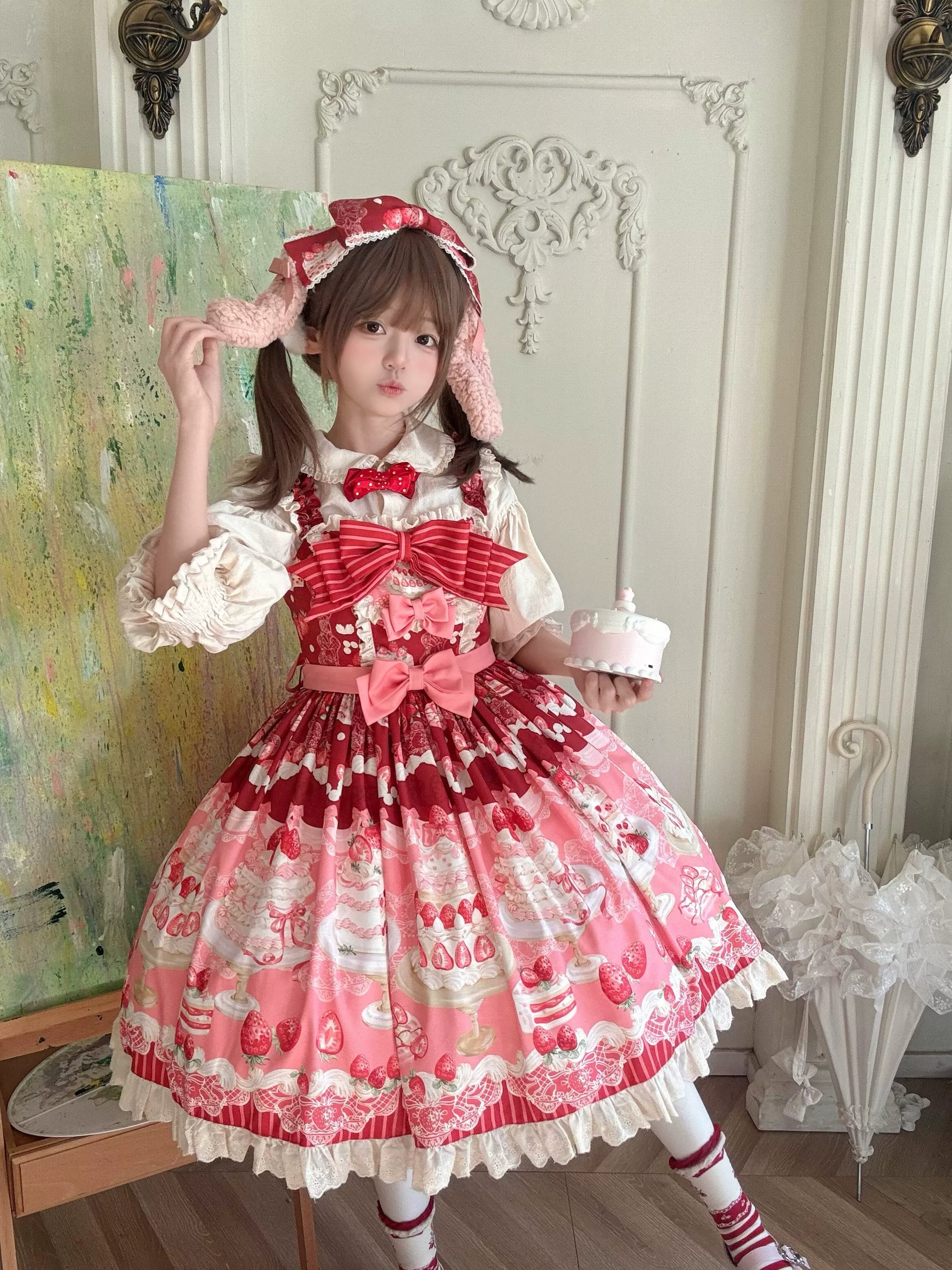 Strawberry Cake - Printed Sweet Lolita JSK Dress, Plush Bunny Ear KC Red JSK Only S