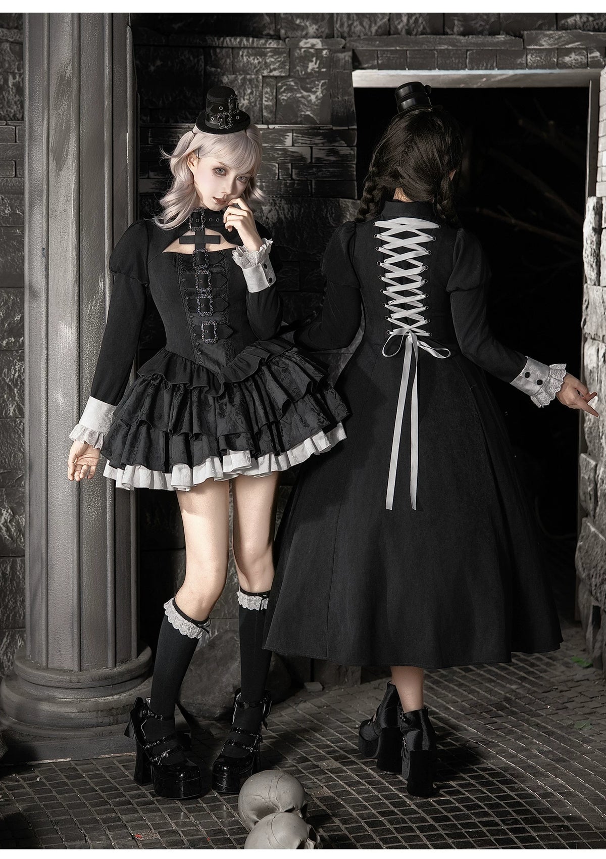 Klein - Black and White Gothic Lolita OP Dress Set, Metal D-rings 45996:871457