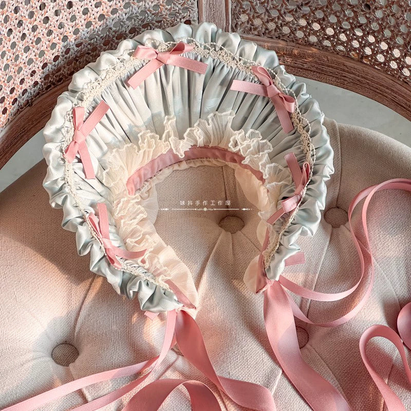 MAID~ Handmade Lolita Bonnet with Small Satin Ribbon Green x Pink  