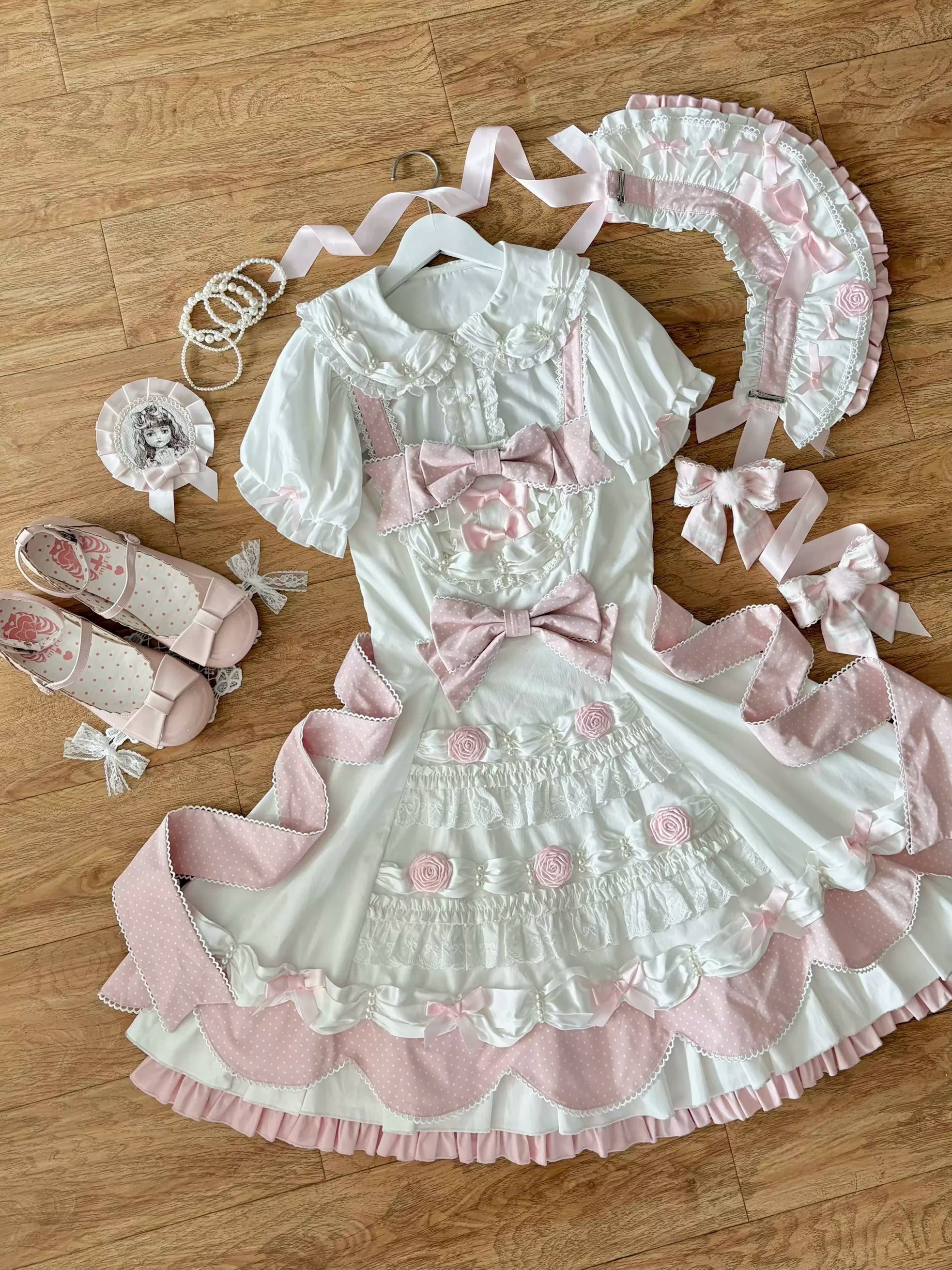 Cream Rosette Cake - Old School Lolita JSK Dress, Rose & Pearl Accents 45769:861639