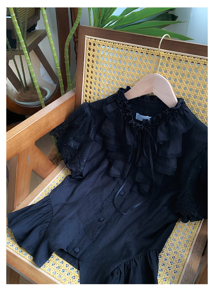 With PUJI~Anna~Classic Lolita Shirt with Lace Embroidery and Princess Sleeves