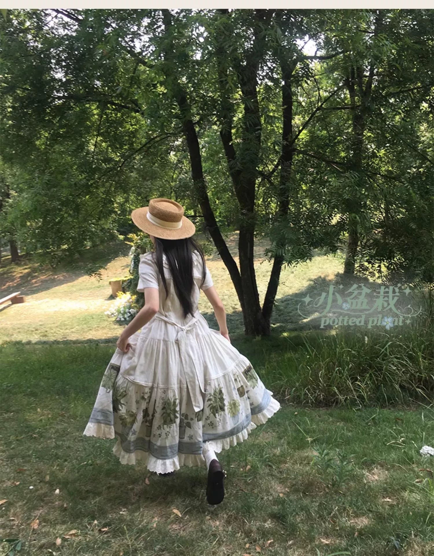 Piggy Bun - Potted Plant - Country Lolita Dress, Green Plant Print
