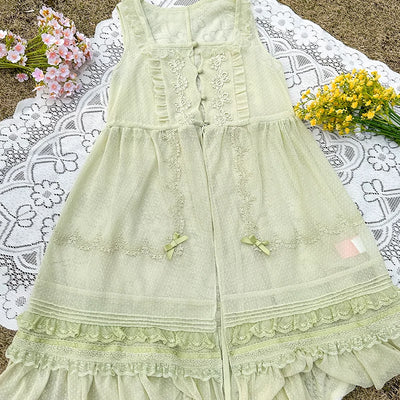 Flower and Pearl Box~Wild Flowers and Fragrant Grass~Country Lolita Blouse and Innerwear with Apron Dress Set XS dotted gauze open-front apron dress (grass green) 