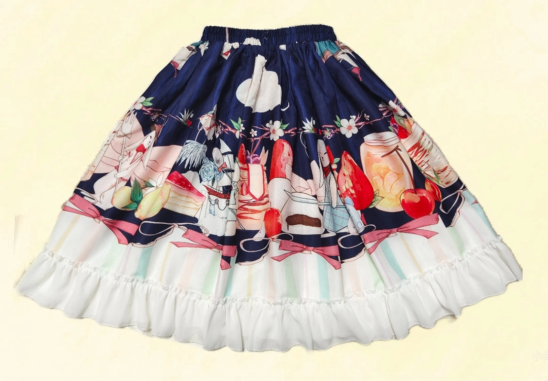 Magic Tea Party~Kawaii Cotton Lolita SK With Bunny & Cosmic Cat Prints Navy blue - rabbit print / short version Free size