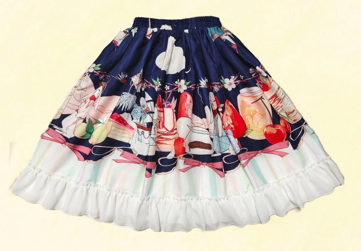 Magic Tea Party - Kawaii Cotton Lolita SK With Bunny & Cosmic Cat Prints Navy blue - rabbit print / short version One Size