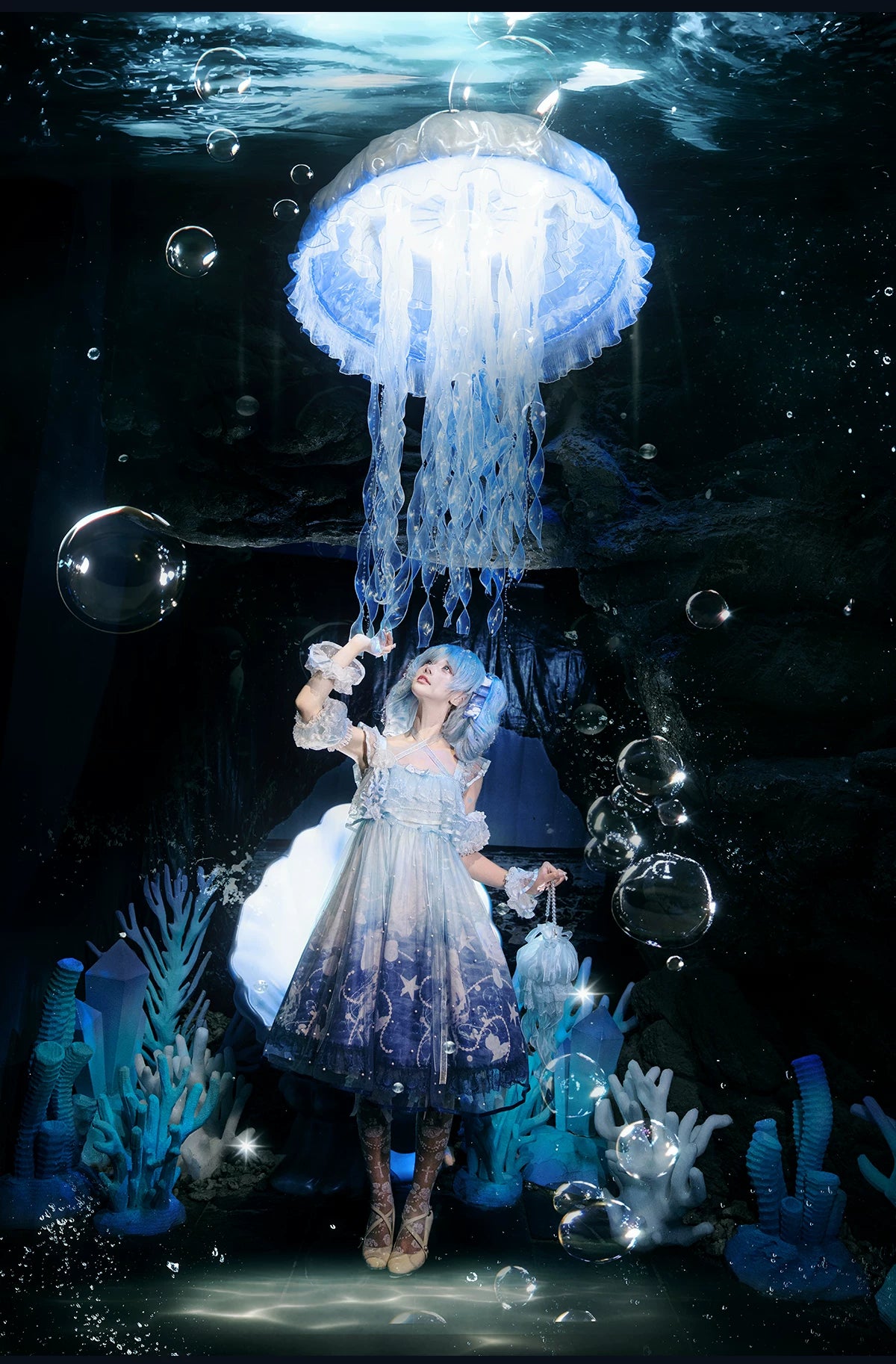 Windchime Jellyfish - Sweet Lolita Halter Neck JSK Dress, Jellyfish Print & Overlay 45756:861326