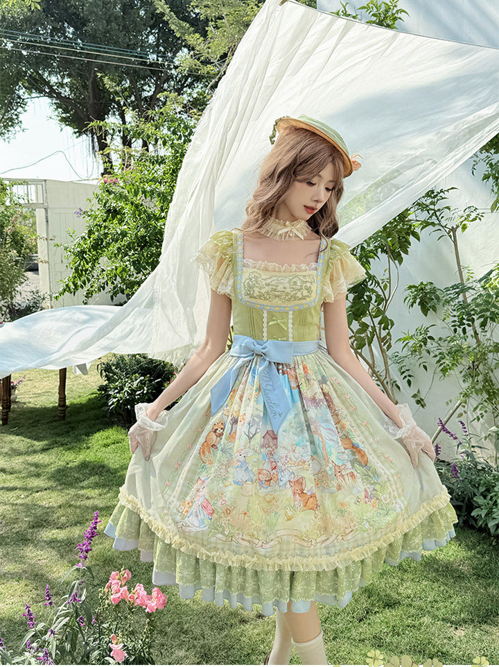 Strawberry Fantasia~Spring Bloom~Country Lolita JSK Set with Animal Prints and Overlay