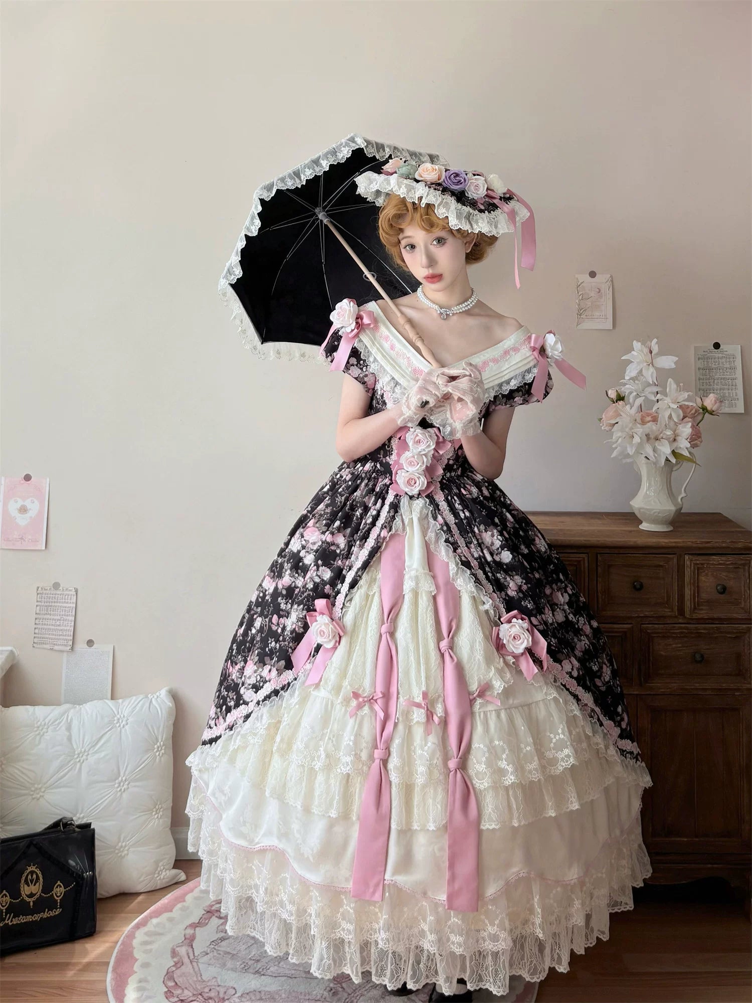 Dolota Flower Wall - Classic Lolita Floral OP Dress, Open Shoulder 44485:811227