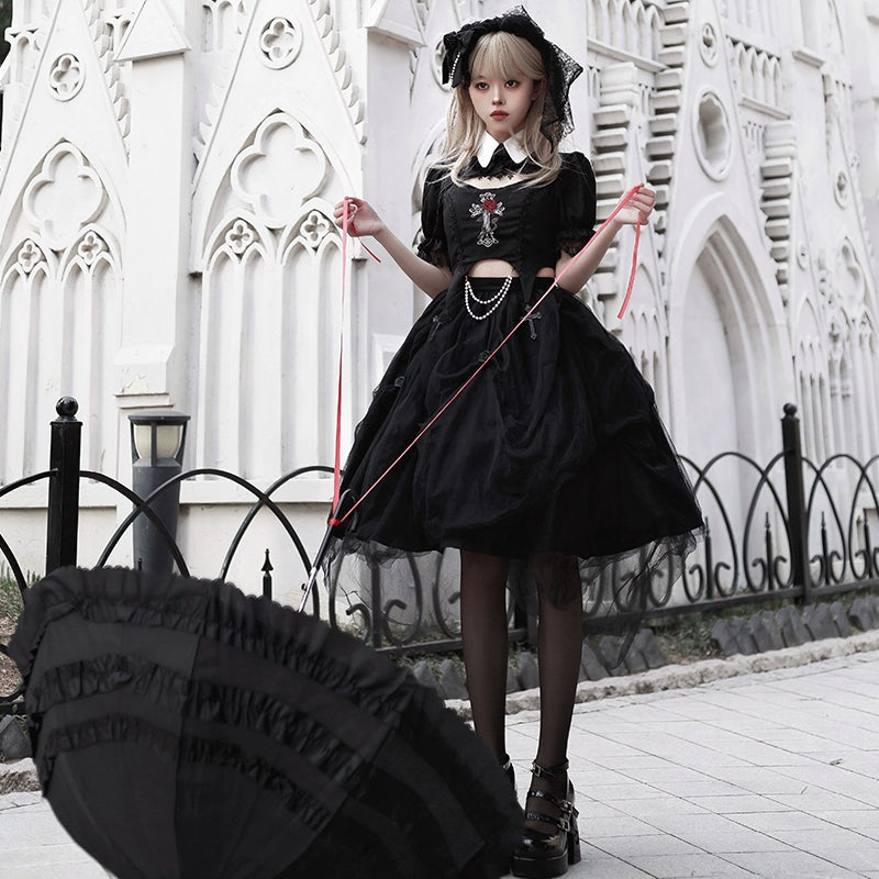 With PUJI~Evil Flower~Gothic Lolita Skirt Set Rose Embroidered Hollow Out Blouse 39596:631150