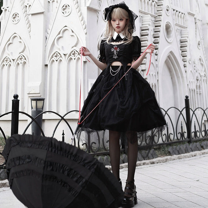 With PUJI~Evil Flower~Gothic Lolita Skirt Set Rose Embroidered Hollow Out Blouse