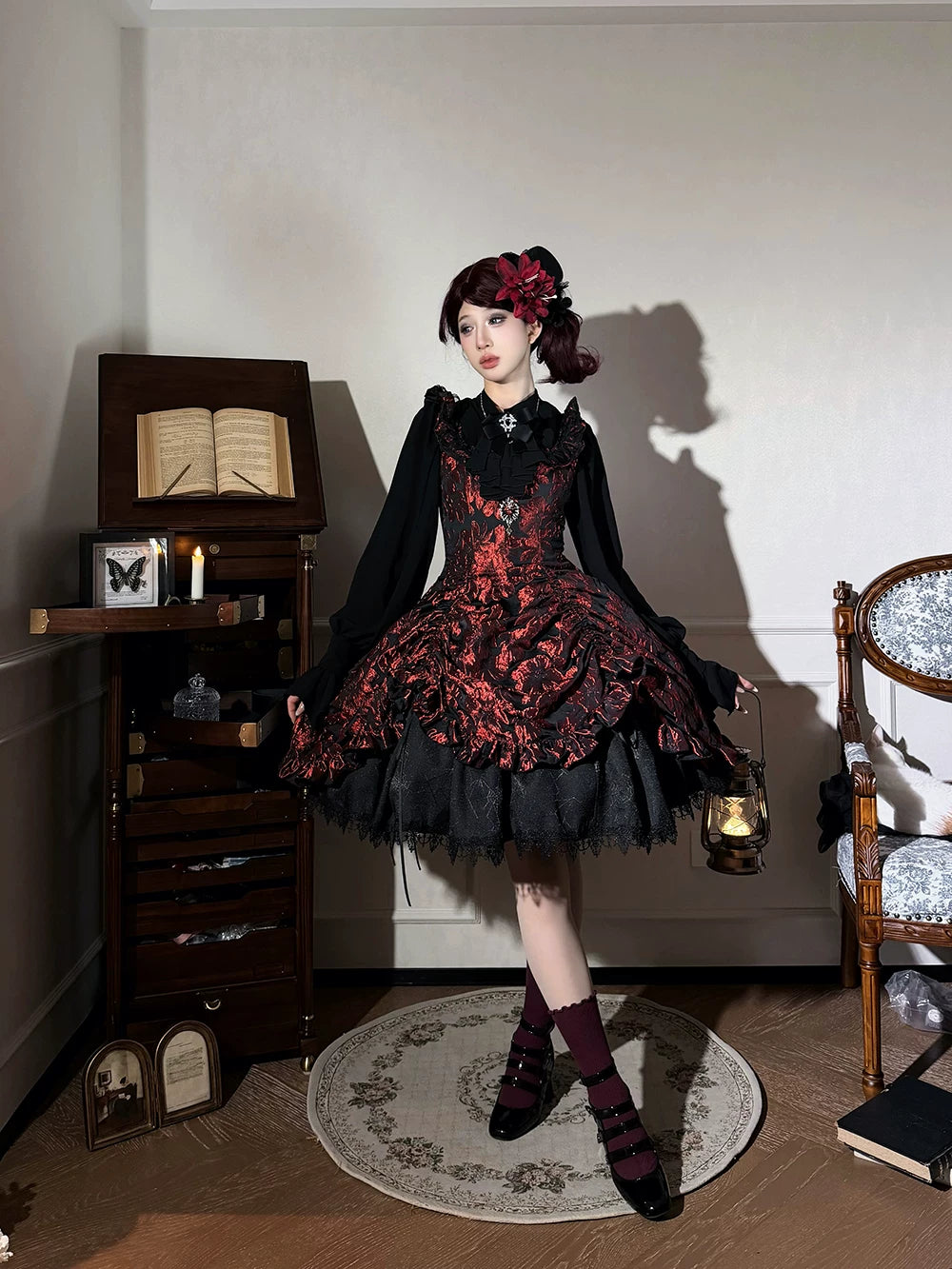 Midnight Lily - Gothic Lolita Lily Jacquard JSK Dress, Drawstring Lift-up Hem 45765:861825