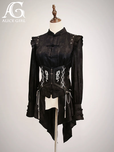 Alice Girl~Bony Dragon~Qi Lolita Shirt Chinese Style Black White Wine Red Blouse   