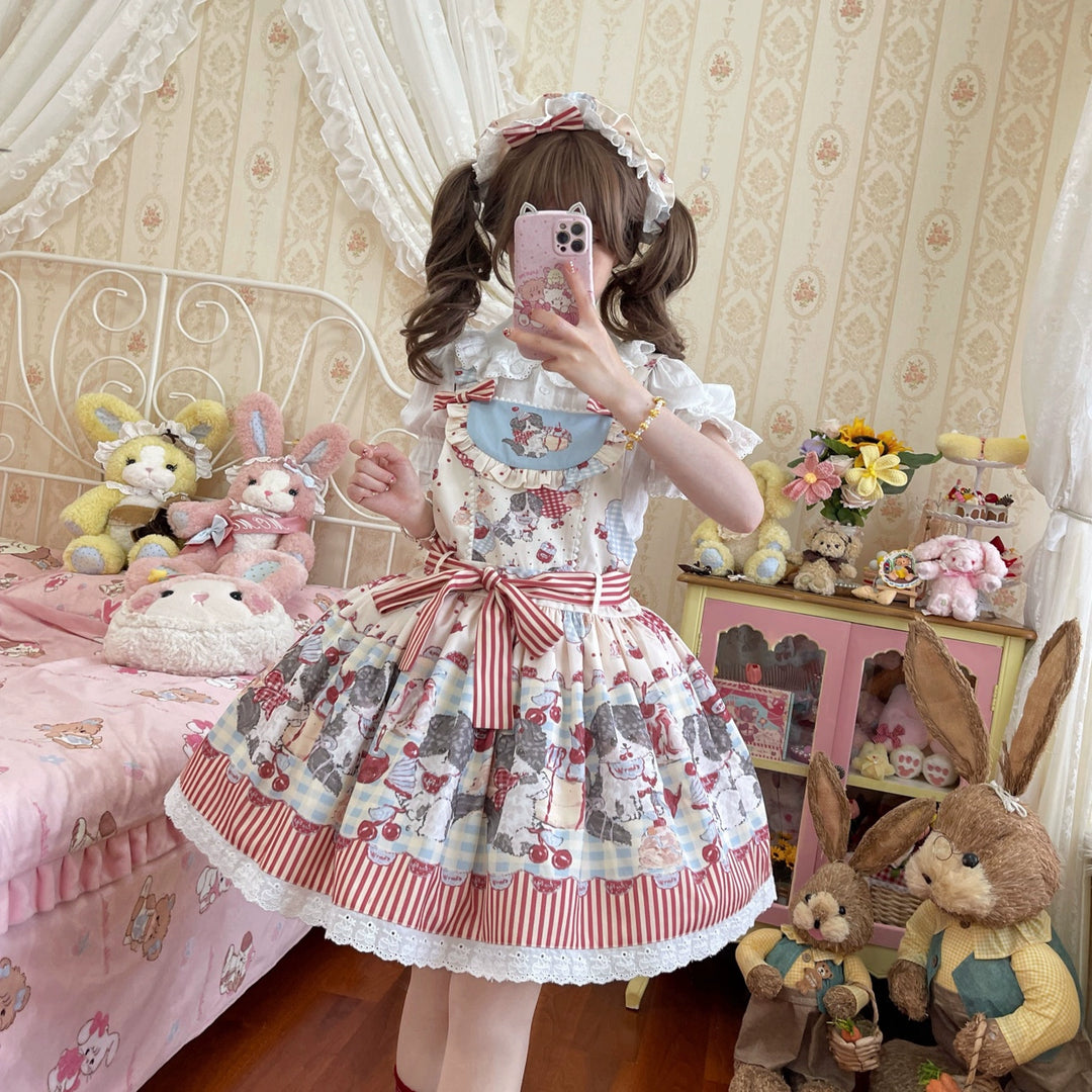 Akiyama Future Studio~Border Collie Cherry~Kawaii Lolita Salopette Cherry Print Dress