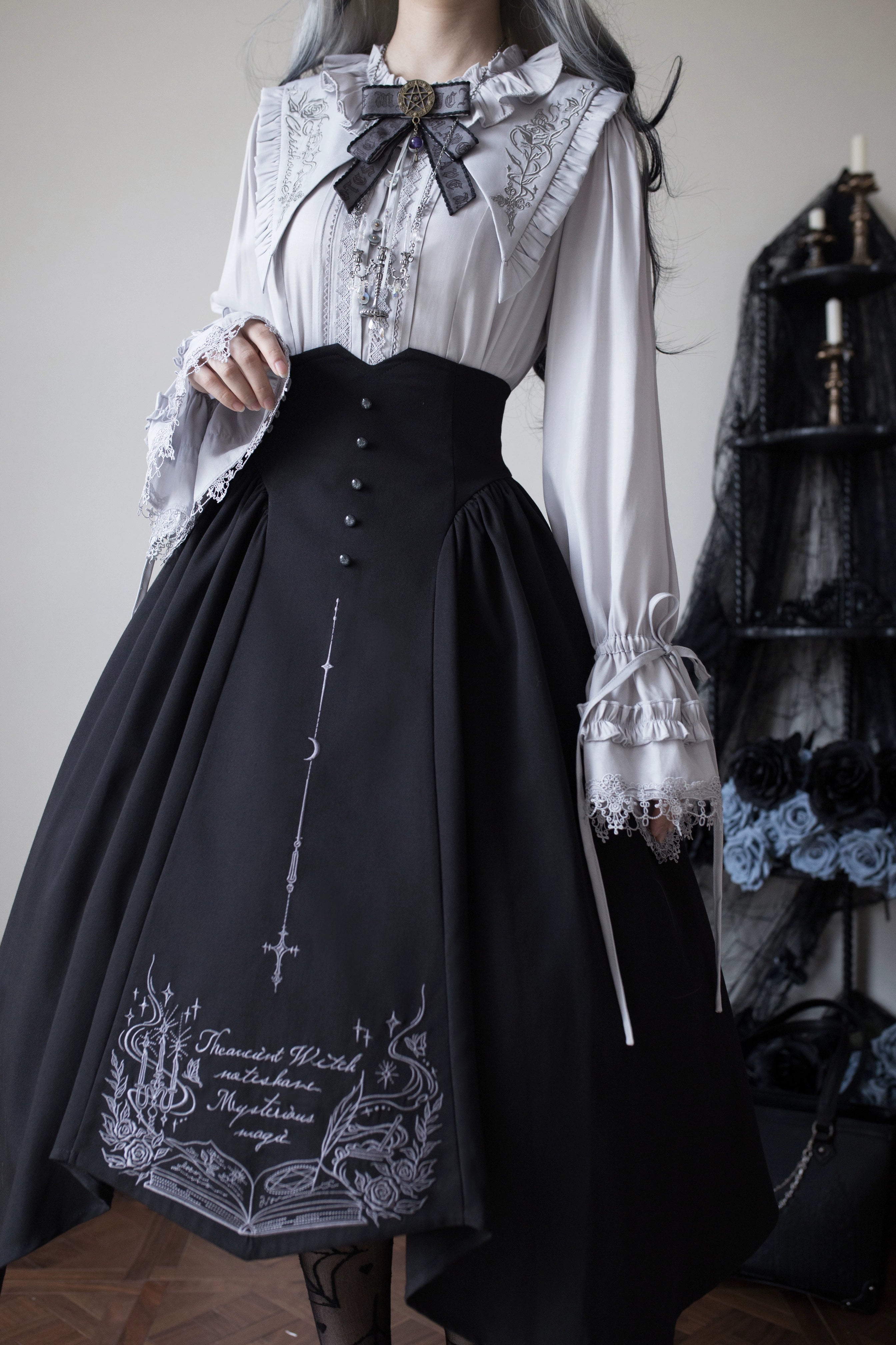 Chris House Lolita - Witch Notes - Gothic Loliat Embroidered Dress Suit, Cross and Rose Print (L M S XL) 44096:795008