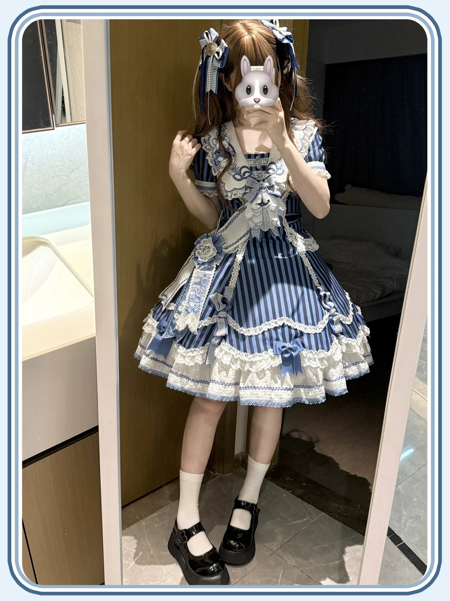 Antique Naval Bear - Striped Classic Lolita Sailor Collar OP, Bear Embroidery 45518:853939