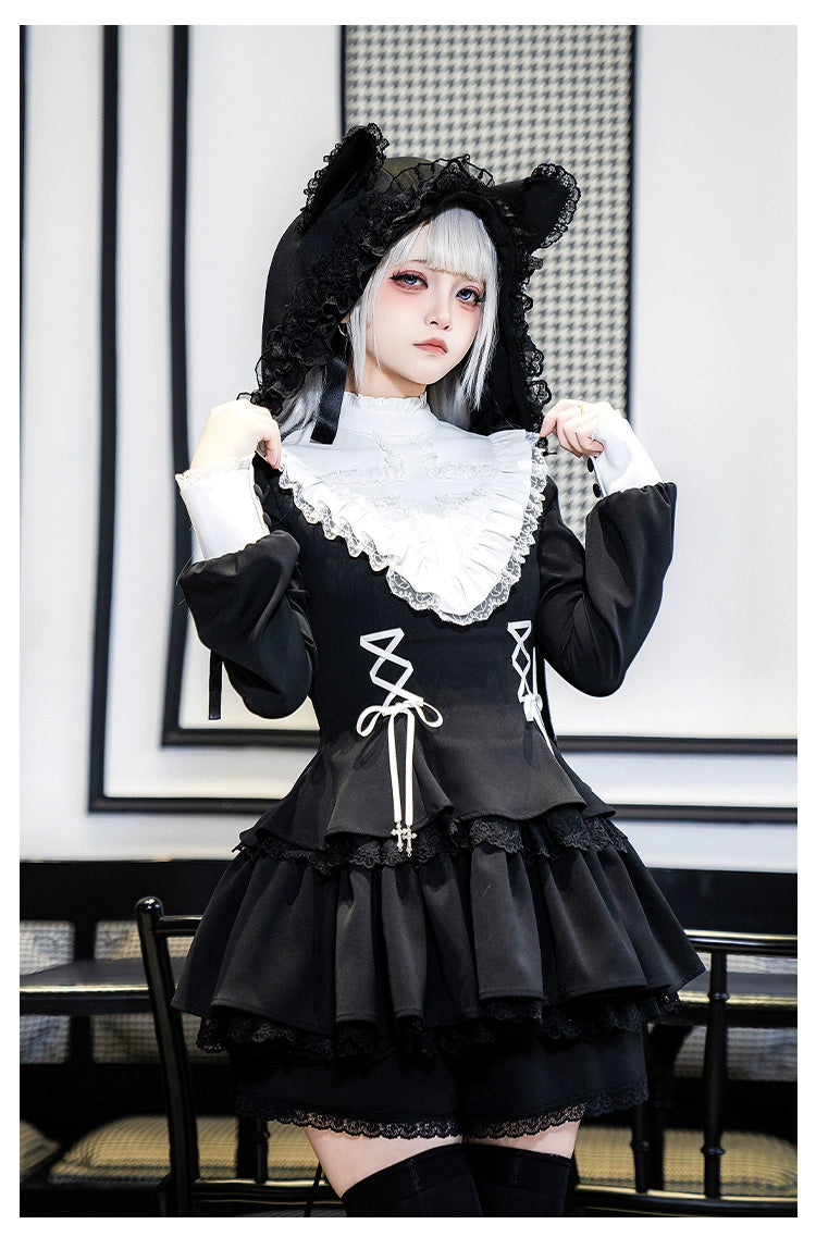 With Puji - Doki - Twin Lolita OP Black/White Goth Dress with Pocketed Shorts