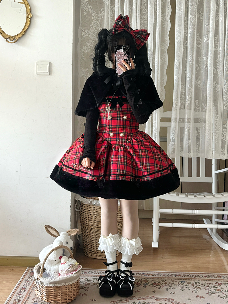 To Alice~Black Cat and Miss~Christmas Sweet Lolita Plaid Dress with Hooded Cape