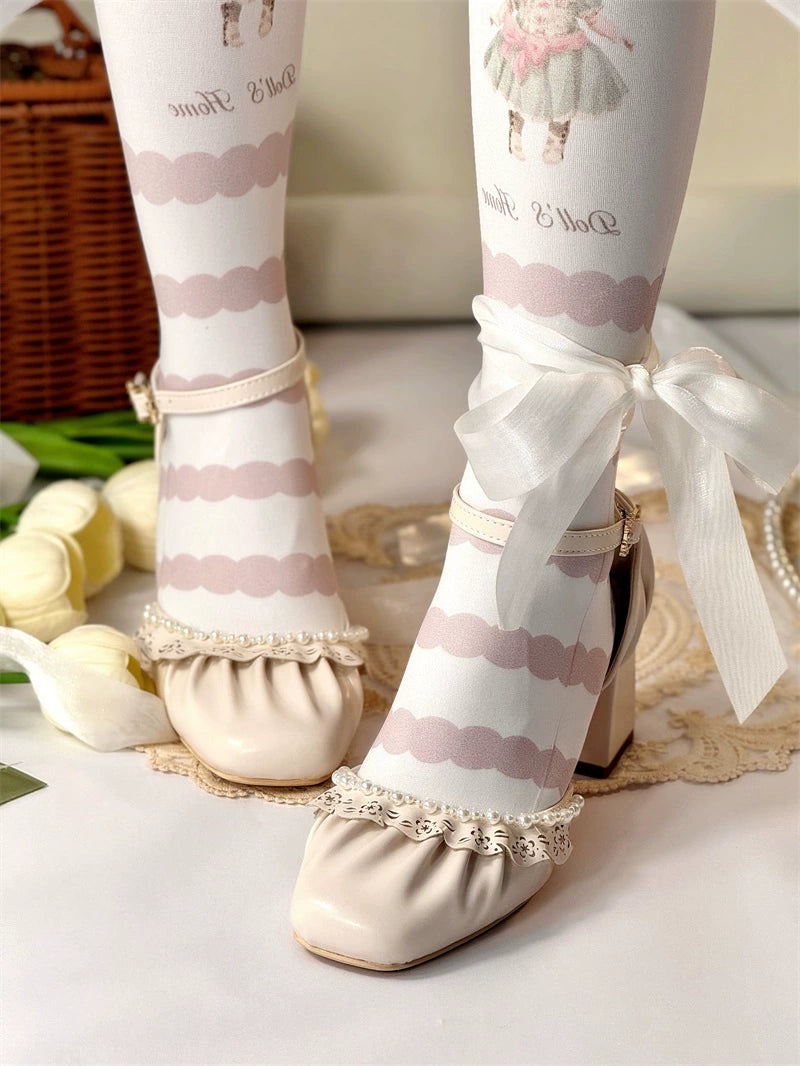 MR.Qiutian~Dance of Camellia~Elegant Lolita Chunky Shoes 5CM Heel Pearl Decoration   