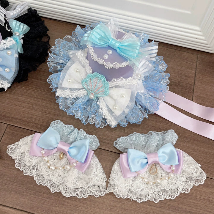 CheeseCat~Sweet Lolita Lace Cuffs Seashell Embroidery Ribbon Bow   