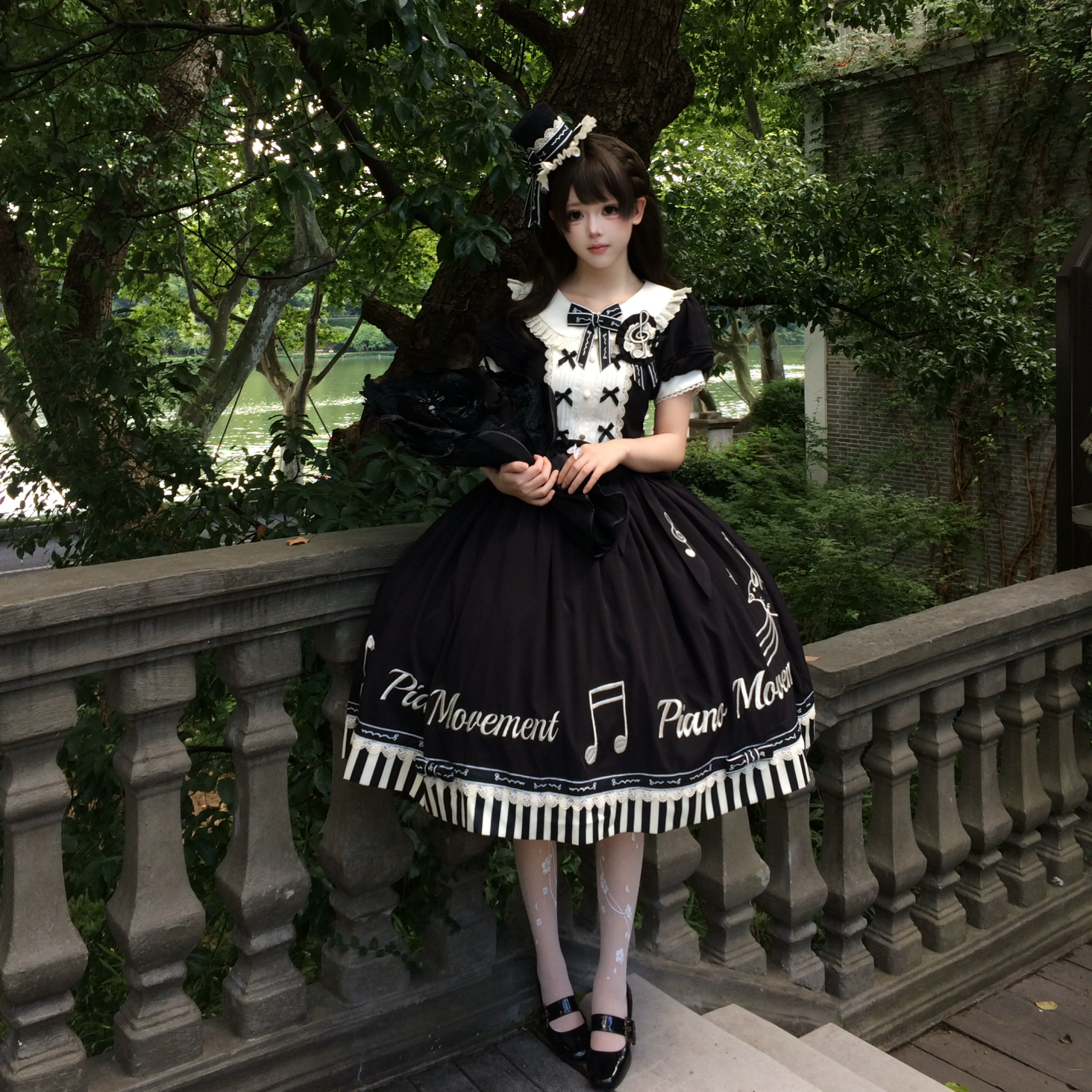 Birdsong Melody - Piano-themed Old School Lolita OP Dress, Side Pockets 45818:863249