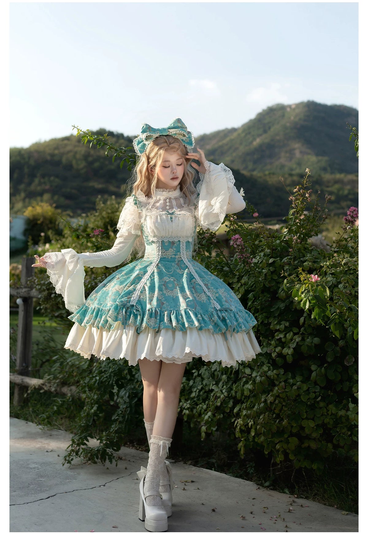 Old Courtyard Floral Letter - Classic Lolita Printed JSK Dress Set, Drawstring Lift-up Hem 46102:875278