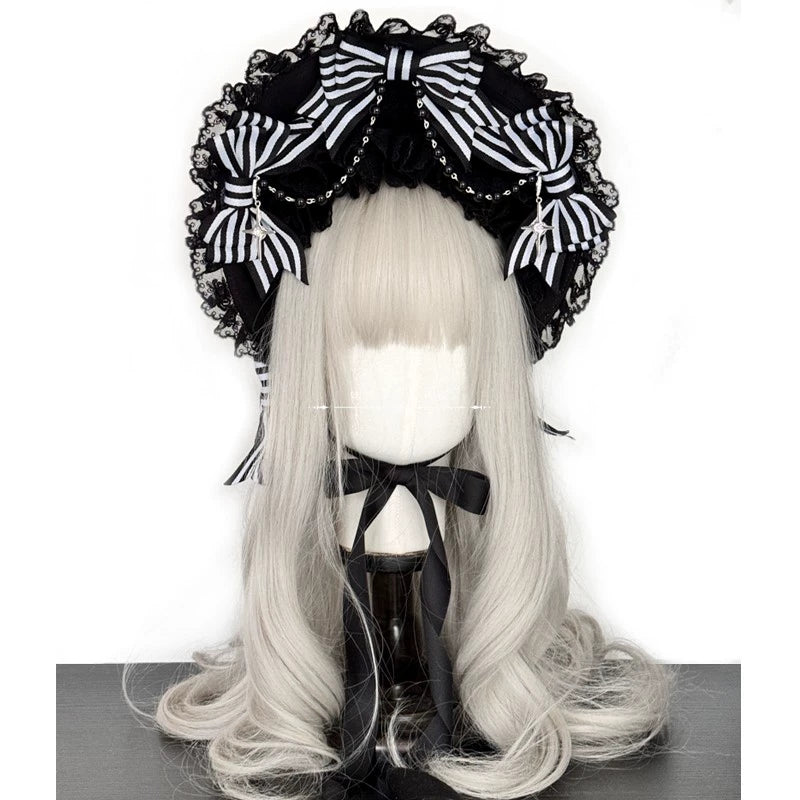 MAID~Gothic Lolita Hat Black and White Stripes Lolita Bonnet Black and white striped BNT  