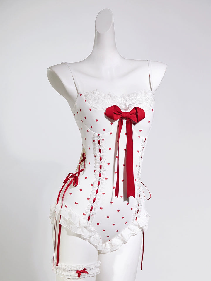Tan Tuan~Heartbeat Melody~Red & White Lolita-Inspired Swimsuit Set 42997:761518