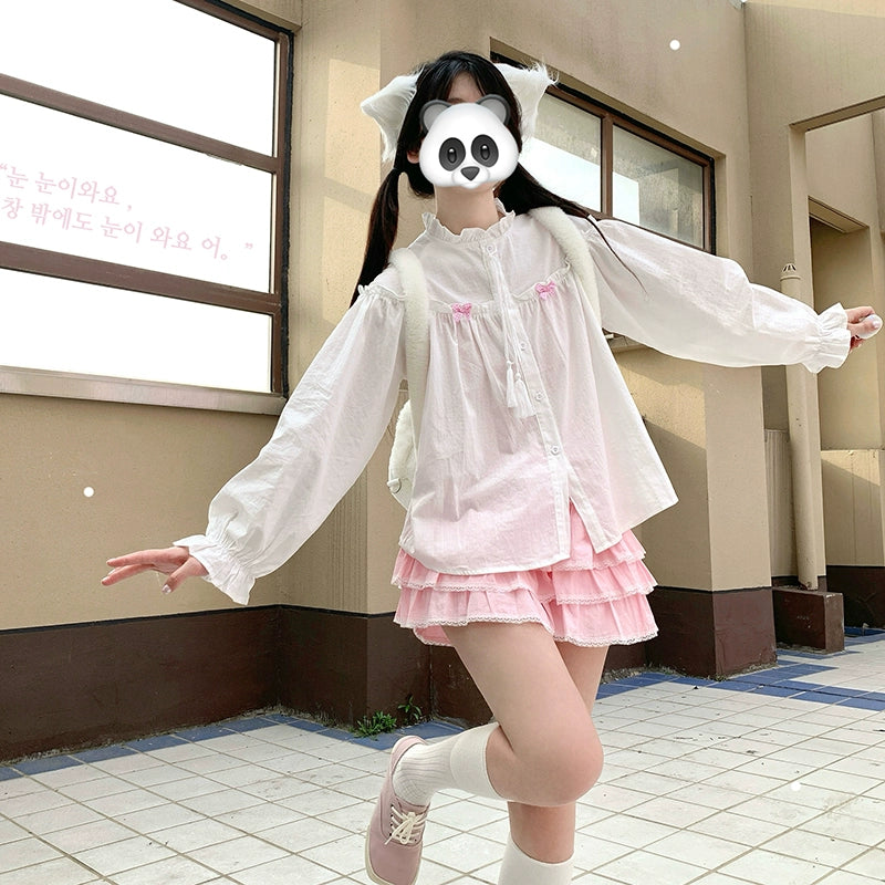Sugar Girl~Kawaii Lolita Blouse Long Sleeve Bow Summer Shirt Pink Skirt   