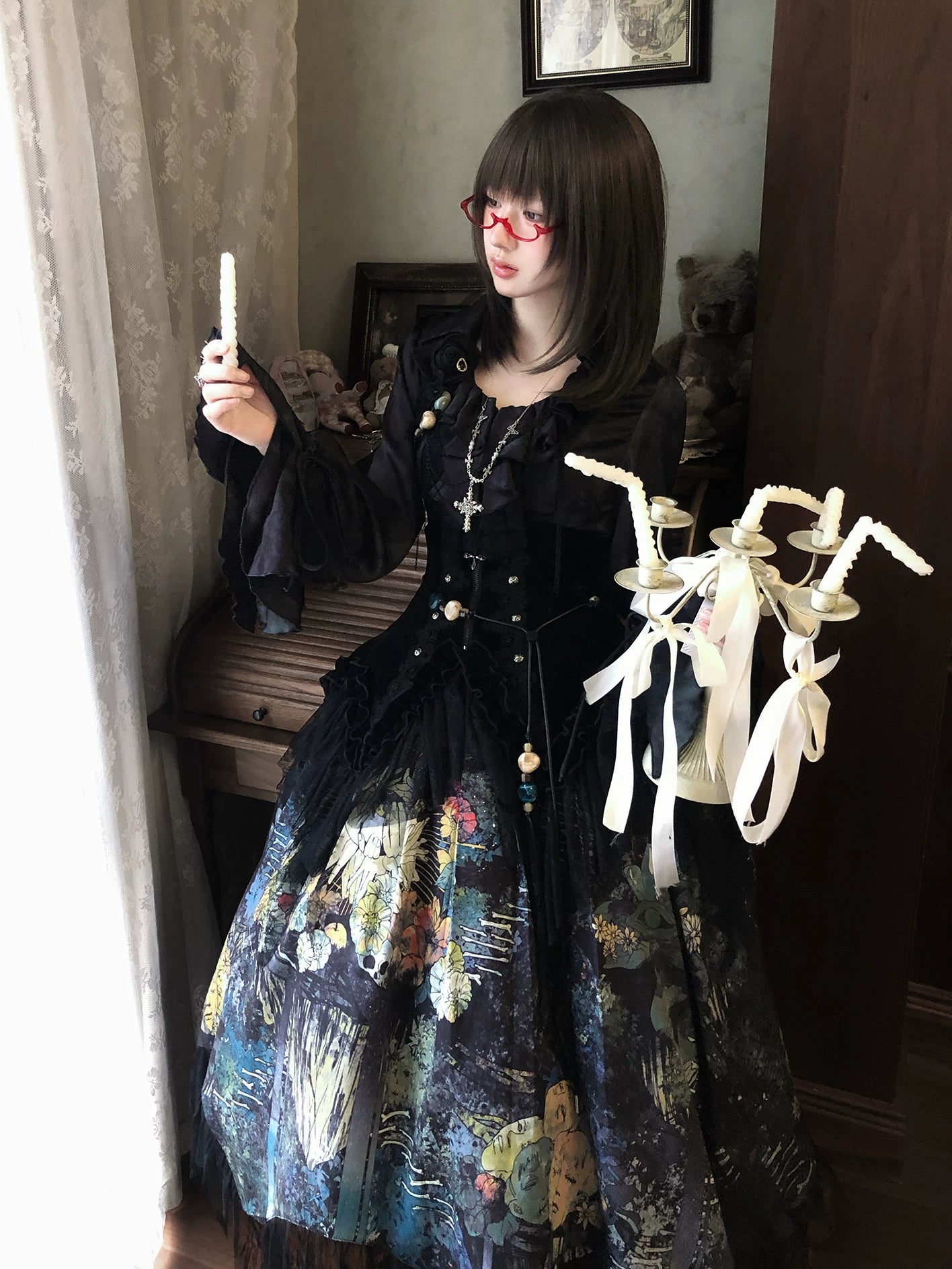 Bone Garden - Printed Gothic Lolita Skirt, Boning Corset