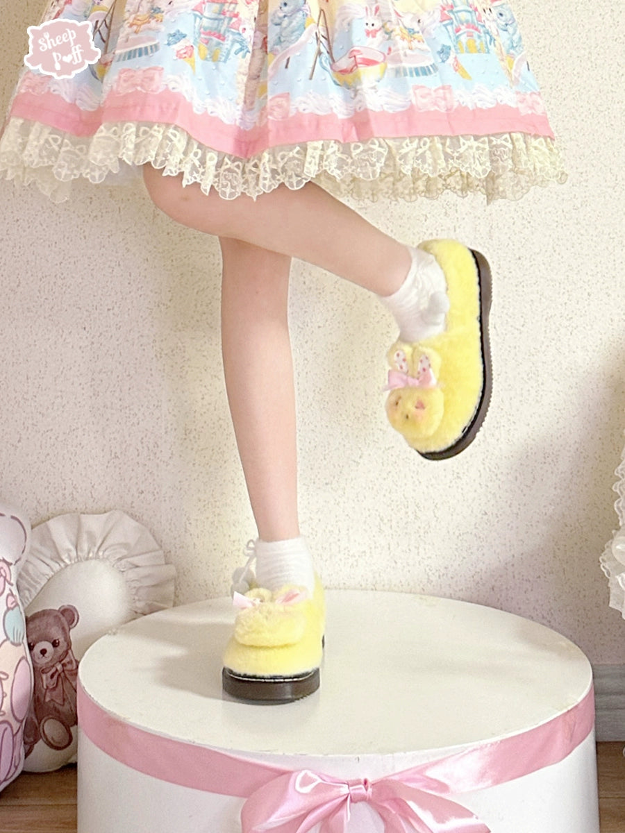 Sheep Puff - Rabbit Fur - Sweet Lolita Shoes Plush Rabbit Winter Lolita Shoes tender yellow 34