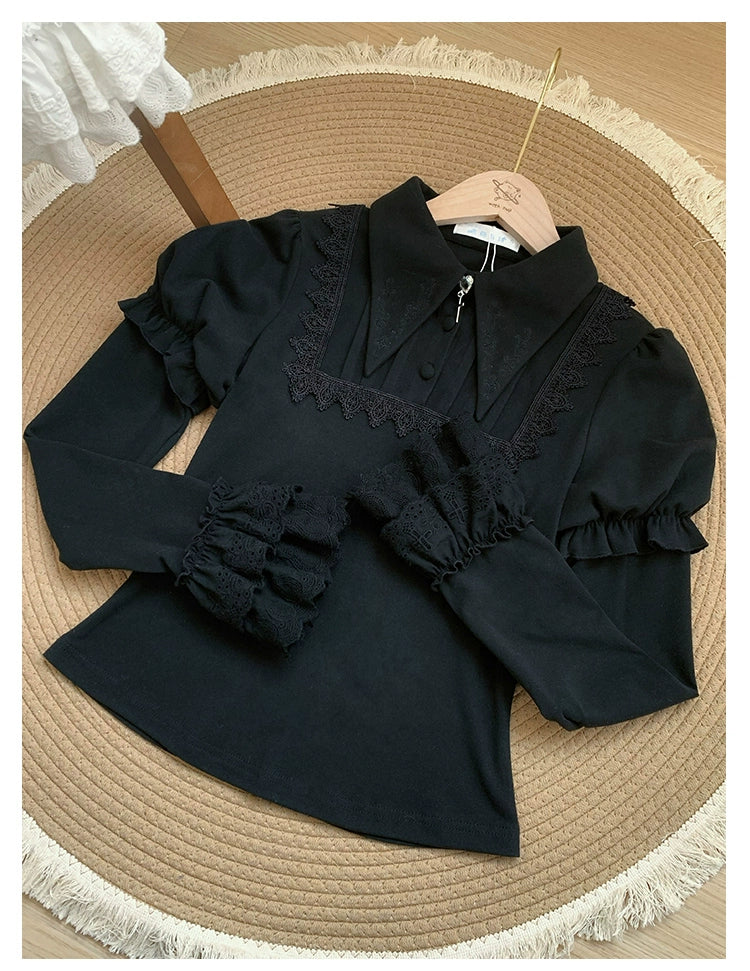 With PUJI - The Vow - Solid Lolita Sweater, Juliet Sleeve, Pointed Collar