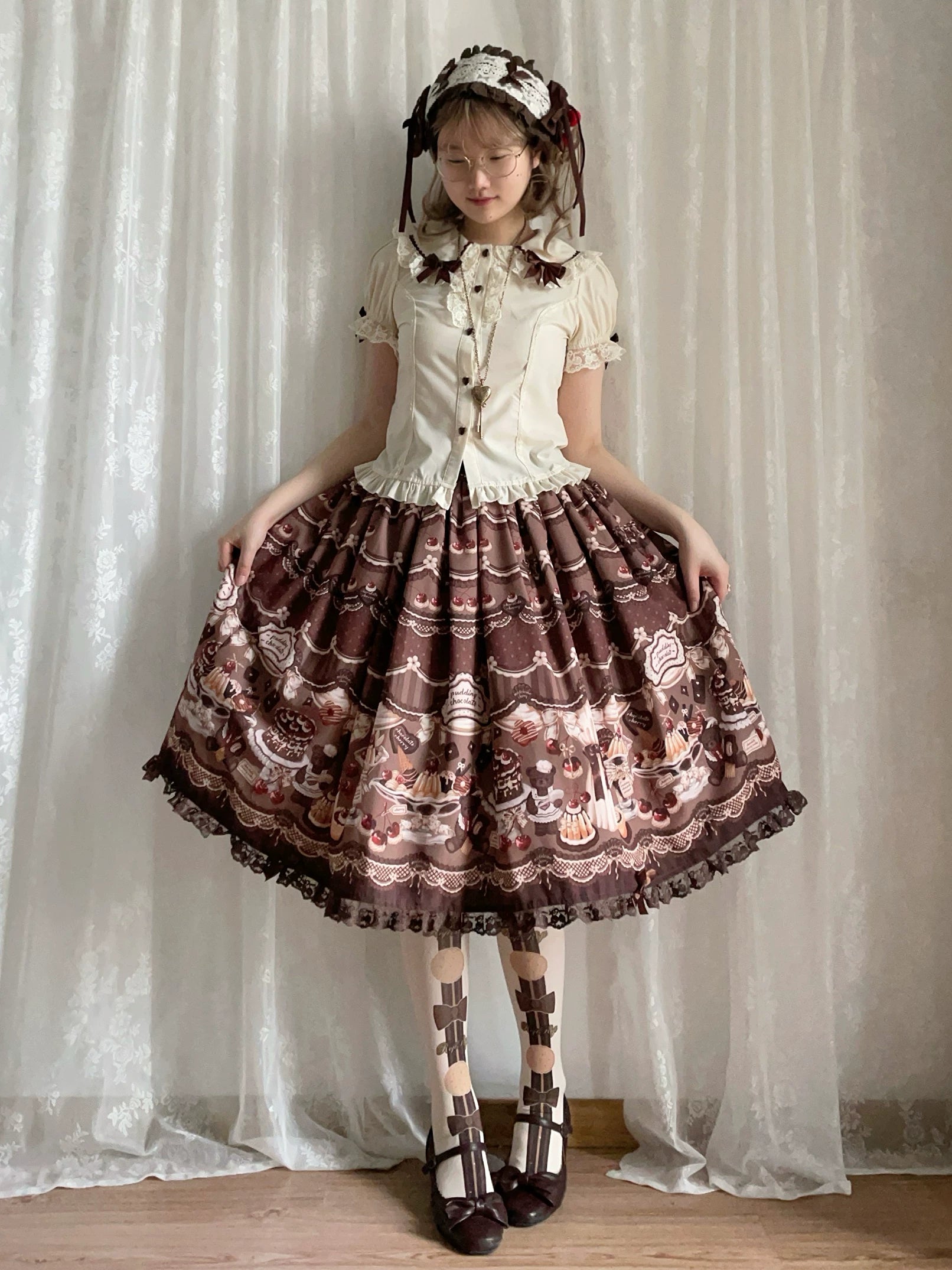 Cherry Choco Bear - Kawaii Lolita Elastic Skirt, Dessert and Cherry Print