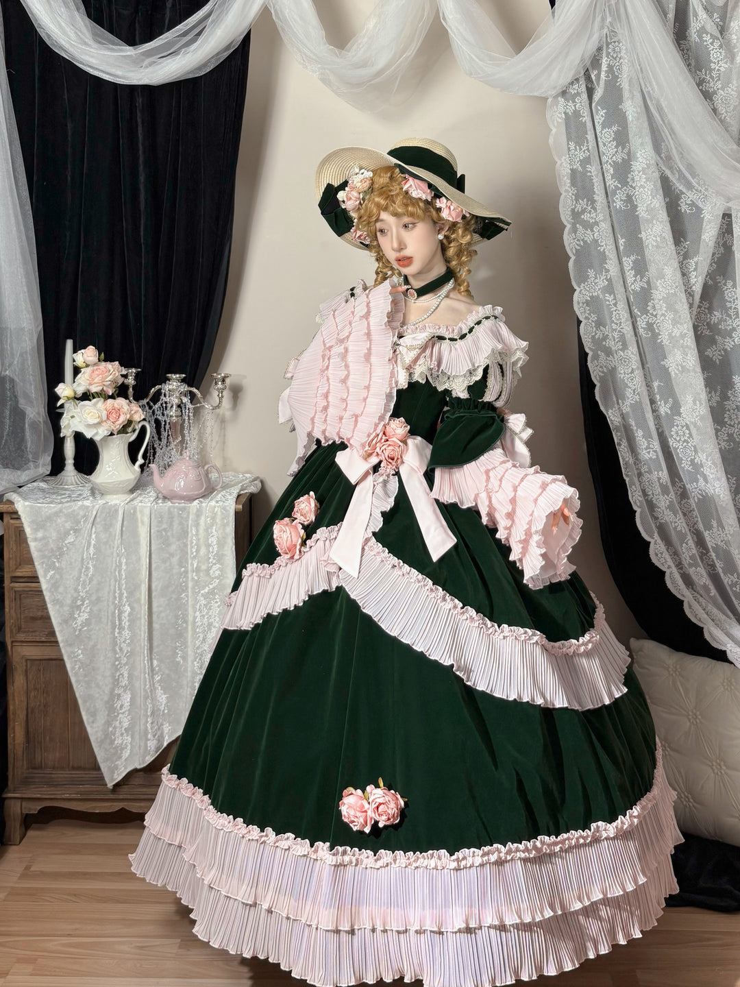 Meowing and fruity~Rose Ode~Retro Elegant Lolita Satin OP with Rose Decorations