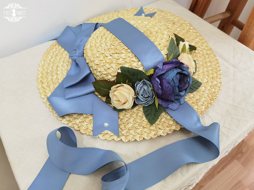 Miss Point - Lilyka Garden - Classic Lolita Headdress and Necklace Brooch Bow Trailing Wide-Brim Hat - Blue Bow