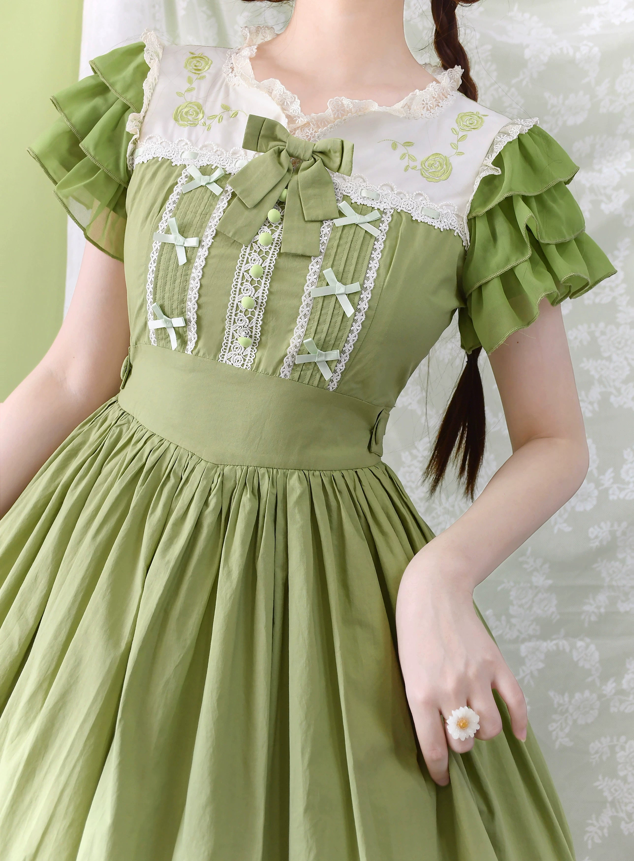 Strawberry Witch - Summer Breeze - Sweet Lolita OP Embroidery Daily Lolita Dress S Bamboo green